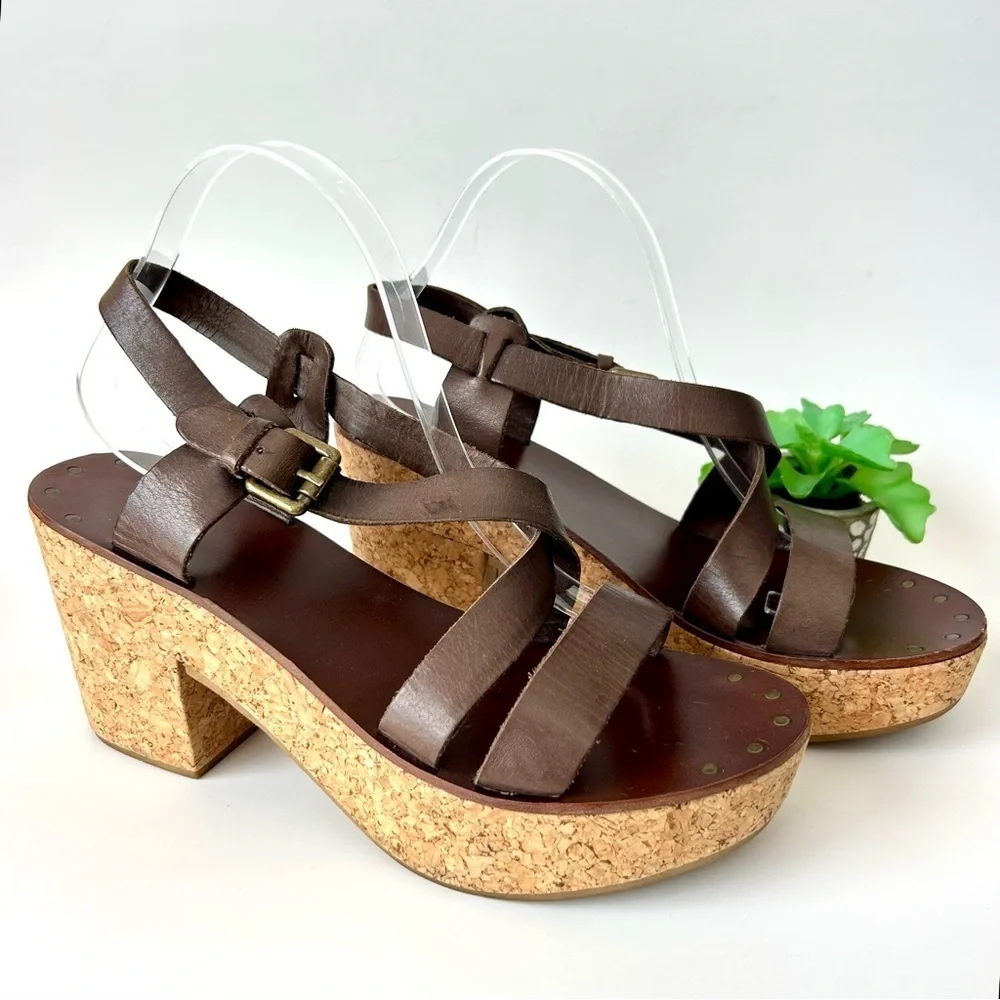 ASH Brown Leather Cork Block Heel Platform Sandals Strappy Open Toe 41 10.5-11